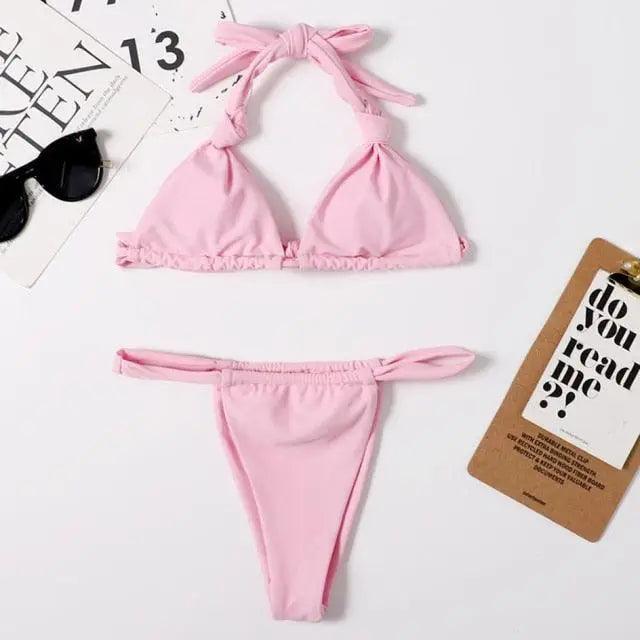 Pink Woman Summer Swimsuit Mini Lace Up Adjustable Bikinis Set Beachwear Top Swimwear Women Swimming Wear Colorful Beach Bathing Suit